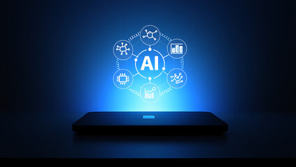 Futuristic glowing ai hologram emanating from a dark surface symbolizing artificial intelligence and digital transformation in technology