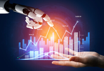 A captivating visual of a robotic hand reaching for a human hand, illustrating the synergy of technology and finance in modern business strategies. Scalp
