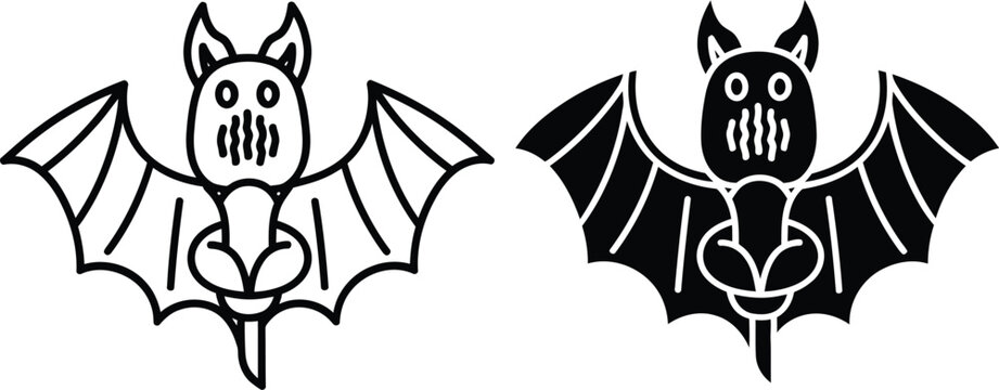 Vactor Black and white cartoon bat icons with outstretched wings and simple features