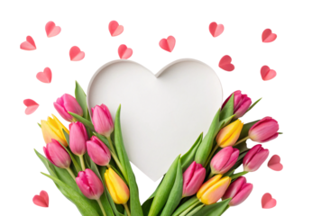 Heart-shaped white frame surrounded by pink and yellow tulips, isolated on a transparent background