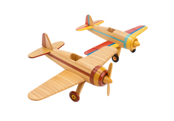 Colorful wooden toy airplanes with blue and red stripe details, isolated on a transparent background