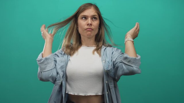 Blonde woman covers her ears with both hands while standing against a studio wall in turquoise light; annoyance.