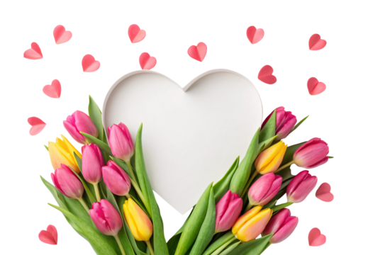 Heart-shaped white frame surrounded by pink and yellow tulips, isolated on a transparent background - Powered by Adobe