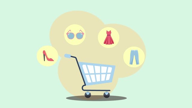 Digital Shopping Cart Filling with Clothes and Accessories Animation.