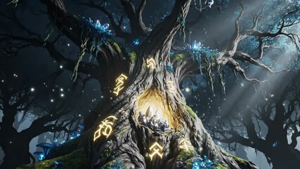 Mystical ancient tree with glowing runes and crystals in enchanted forest setting - Powered by Adobe