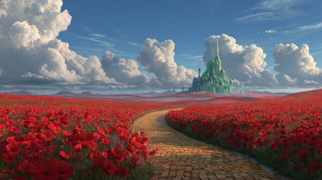 Yellow brick road through a field of red poppy flower toward emerald city