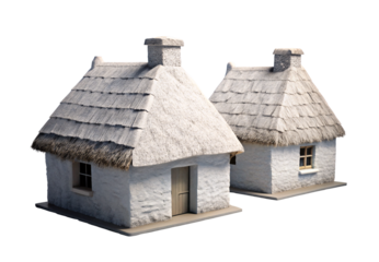 Two traditional thatched roof cottages architecture, isolated on a transparent background