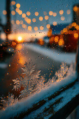 Gros plan sur un flocon de givre cristallin gel&eacute; sur une fen&ecirc;tre, avec une rue de ville d&eacute;cor&eacute;e de lumi&egrave;res de No&euml;l bokeh orange et un paysage enneig&eacute; flou