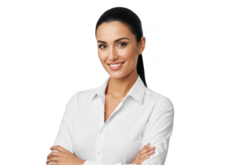 Professional woman with confident smile and folded arms wearing a crisp white button down shirt isolated on transparent background