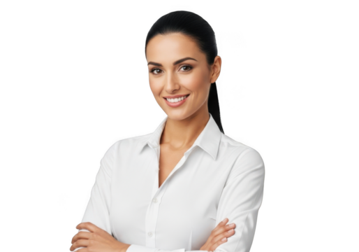 Professional woman with confident smile and folded arms wearing a crisp white button down shirt isolated on transparent background - Powered by Adobe