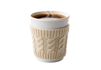 Hot beverage in knitted cozy, isolated on a transparent background