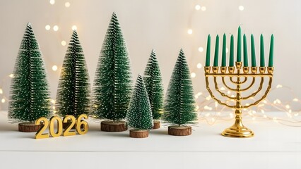 Golden menorah with glowing green candles amidst decorative fir trees and golden 2026 digits celebrating peaceful holiday season with bright lights on light backdrop