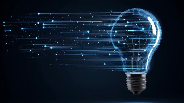 A glowing lightbulb bursts with energy sending sparks and light trails into the darkness showcasing innovation