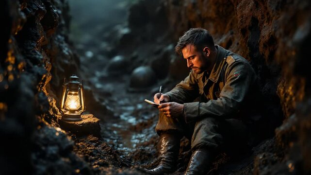 Combatant in damp trench focused on drafting heartfelt correspondence