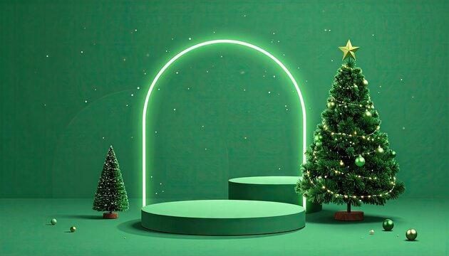 Minimalist Green Christmas Scene with Festive Podiums and Decorated Tree.