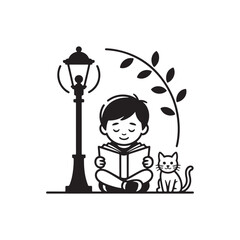 Cozy Reading Scene with Cat – Minimal Silhouette Vector