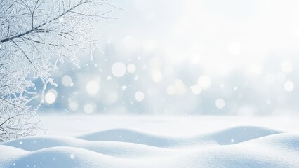Serene winter landscape with snow covered trees and gentle snowfall on a bright day
