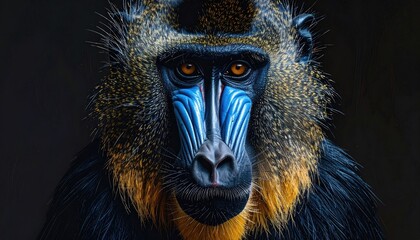 Mandrill Monkey With Striking Blue And Yellow Facial Markings And Intense Orange Eyes In A Dark Studio Setting