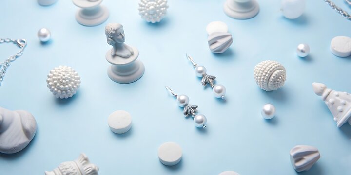 Soft pastel blue background with scattered white decorative objects and ornaments