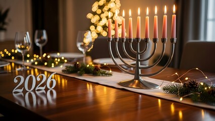 Hanukkah menorah with candles and 2026 new year numerals on festive table with christmas lights decor for jewish celebration in december indoors