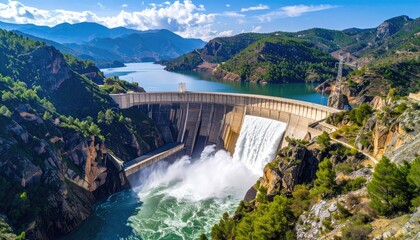 Massive concrete dam structure with water cascading down its face surrounded by lush green hills under a bright blue sky with dramatic clouds captured in a wide scenic landscape shot