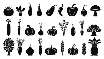 Black and white vector illustration of various vegetables and plants