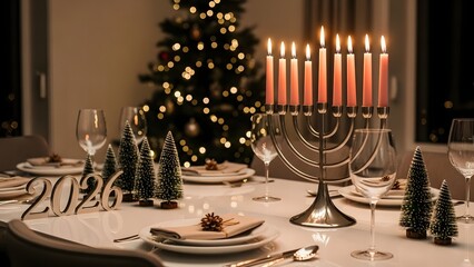 Hanukkah menorah with new year 2026 date and christmas tree on elegant holiday table with candlelight dinnerware and glowing lights for festive season