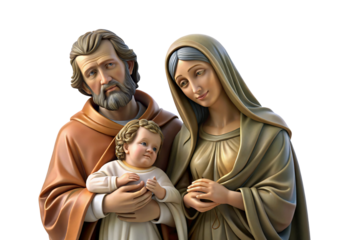 Holy Family figurine showing three figures in traditional religious styling, isolated on a transparent background