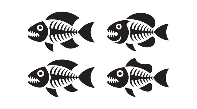 Black fish bone symbol set showcasing unique aquatic skeleton designs perfect for creative graphics, logos, and edgy illustrations.