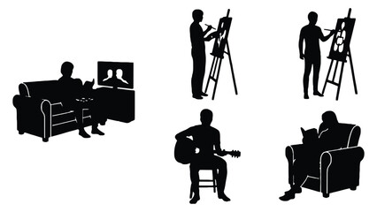 Silhouette of people doing hobbies like painting reading and playing music