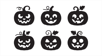 Minimal jack-o'-lantern symbol pack featuring playful and scary carved pumpkin faces in solid silhouette style for holiday themes.