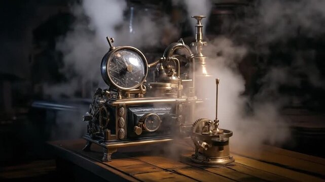 Steampunk machine mechanism. Old vintage engine machinery with gears, pipes and measuring gauges. Generative AI