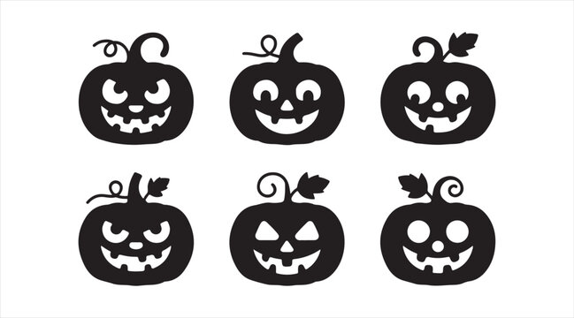 Minimal jack-o'-lantern symbol pack featuring playful and scary carved pumpkin faces in solid silhouette style for holiday themes. - Powered by Adobe