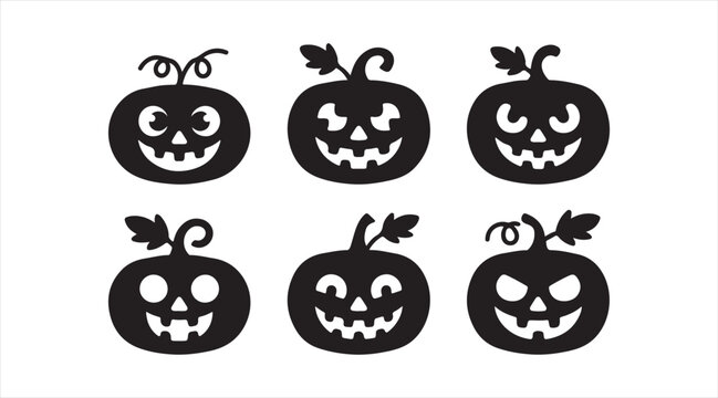 Solid Halloween pumpkin silhouette icon collection featuring various carved jack-o'-lantern faces with expressive spooky designs.