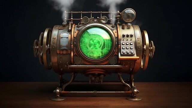 Steampunk style computer with different brass cogwheel parts, monitor and keyboard. Vintage futuristic technology, mysterious fiction. Generative AI