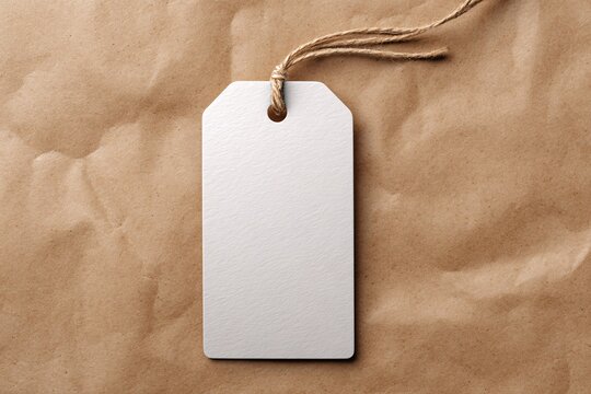 Blank white luggage tag on crumpled parcel paper
