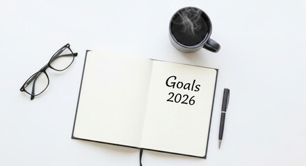 Open notebook with goals 2026 written glasses pen and coffee cup