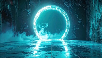 Mysterious glowing blue portal opens in a dark cavern with swirling smoke and water reflections on a wet floor