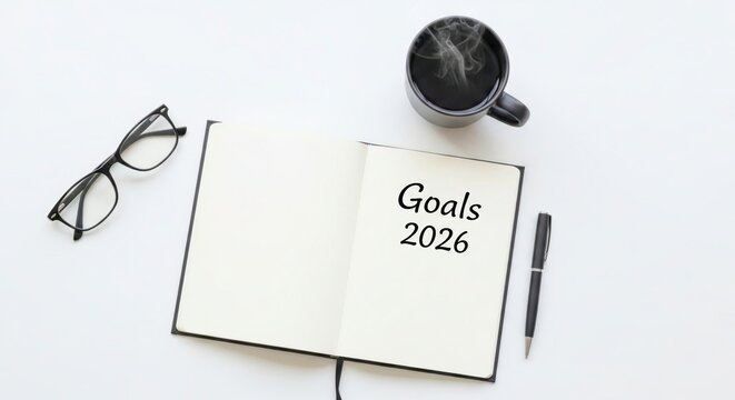 Open notebook with goals 2026 written glasses pen and coffee cup