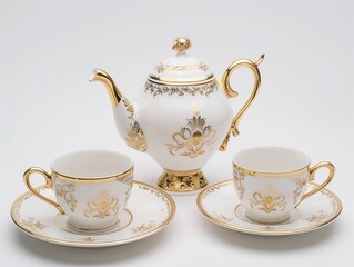 Elegant vintage tea set with floral design and golden accents on a white background