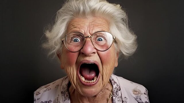 Very old grey-haired woman wearing glasses yelling loudly. Funny elderly person. Generative AI