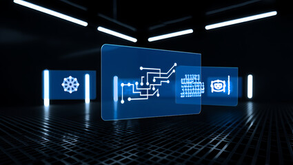 Futuristic digital interface displaying abstract circuitry and data streams in a dark modern environment with neon lighting