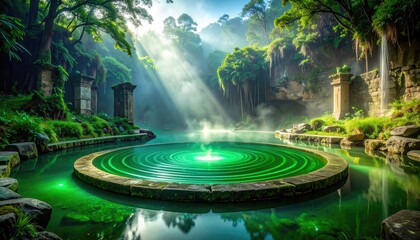 Mystical Emerald Pool Bathed In Sunbeams Amidst Ancient Ruins And Lush Forest Waterfall Serene Natural Beauty