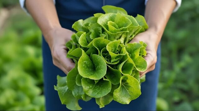 farmer hands holding fresh green lettuce with water drops. organic vegetable harvest in garden. healthy eating and agriculture concept. eco food market, nutrition blog.