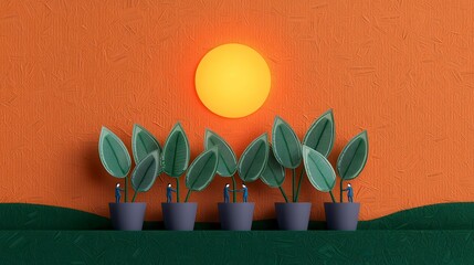 A vibrant scene featuring potted plants against an orange wall, with a yellow sun creating a warm, cheerful atmosphere.