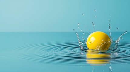 A vibrant yellow ball creates splashes as it hits the water surface, surrounded by ripples against a serene blue background.
