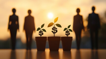 Three potted plants with dollar signs grow in the foreground, silhouetted figures stand in the background against a sunset, symbolizing investment and growth.