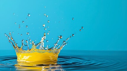 A vibrant splash of water surrounds a yellow object, creating dynamic ripples against a bright blue background.