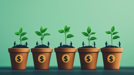 The image depicts potted plants growing alongside tiny figures, symbolizing growth and investment in a financial context.