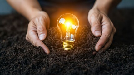 A pair of hands gently cradles a glowing light bulb embedded in dark soil, symbolizing creativity and innovation.
